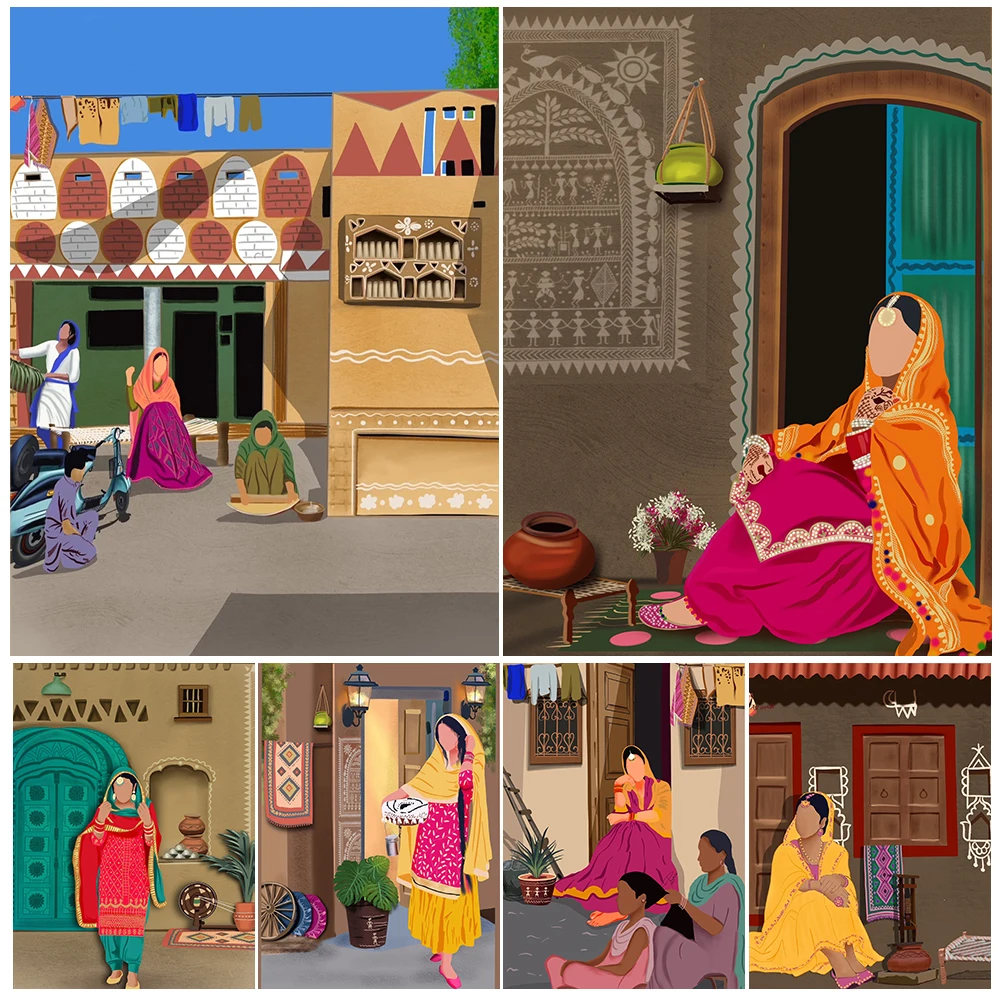 Punjabi Women Portrait Village Ethnic Posters Wall Pictures For Living Room Home Decor Poster Wall Art Canvas Painting Unframed