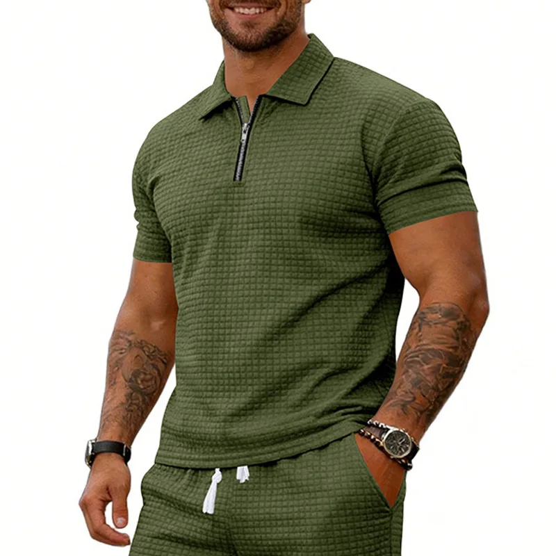 Summer Men's Small Checkered Casual Loose Simple Zipper Polo Shirt Short Sleeve
