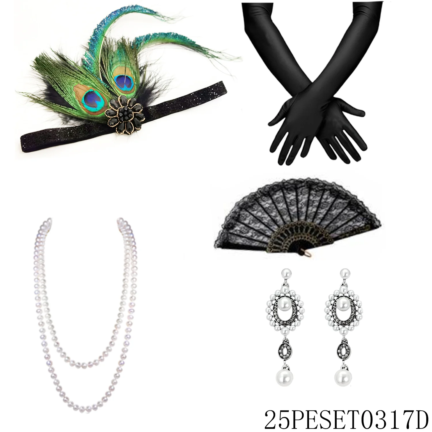 

20s vintage clothing accessories: feather headband long gloves lace fans pearl necklaces and earrings suitable for retro parties
