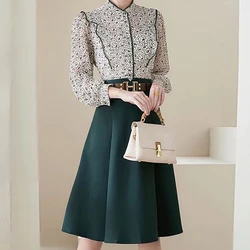 EVNISI Elegant Women Floral Printing Chiffon Blouse A-line Skirt Set Long Sleeved Shirt+High Waist Skirt With Belt Two-Piece Set