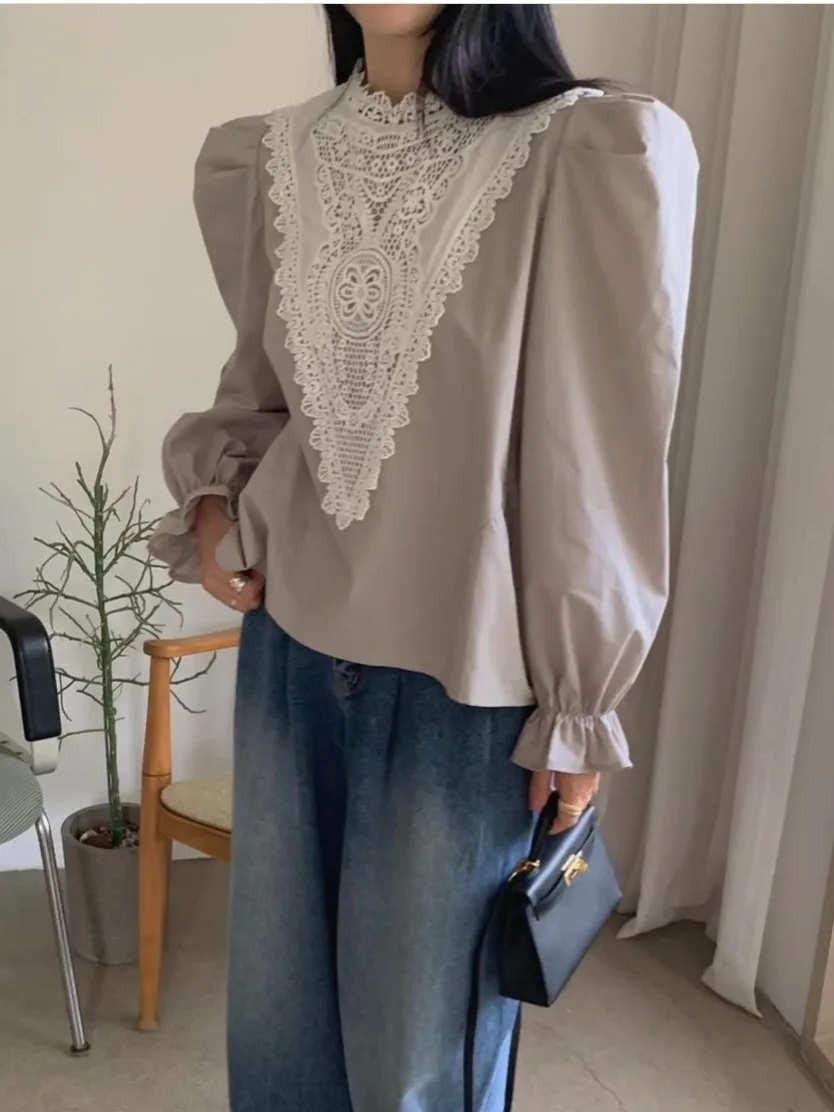 

Long Sve Lace Splice Bubble Sve irt Women's Overhead Sle Dongda Gate 24 Autumn Slimming Top Commute Sle Pure Color