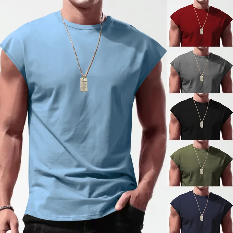 Sleeveless T-shirt for Men's New Summer Casual Sports Loose Fitting Men's Short Sleeved Bottom Shirt for Men