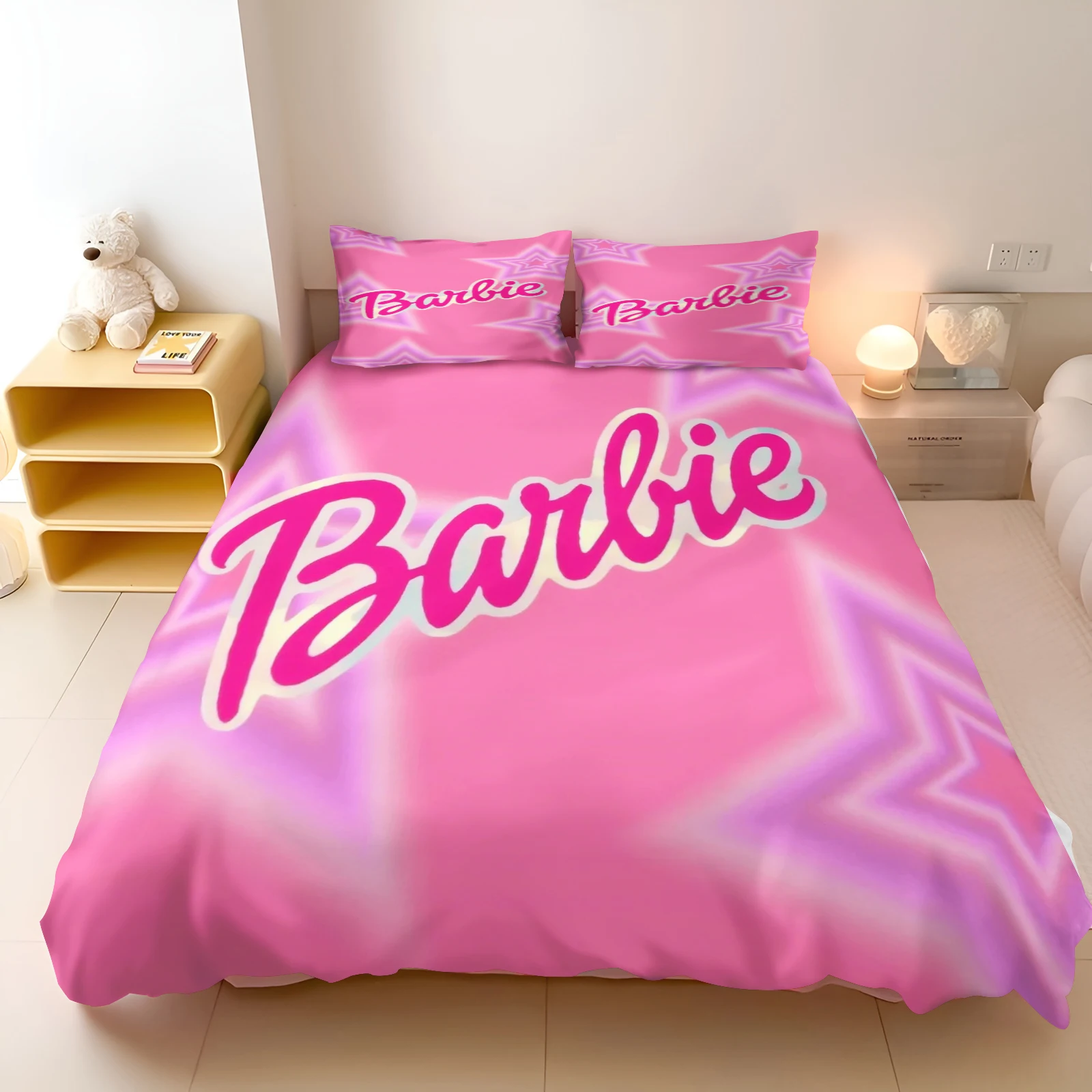 

MINISO-PrintedBarbie Set for Girls, Disney Co-branded Barbie Pink, Modern Duvet Cover, 2 Piece Bedding Set