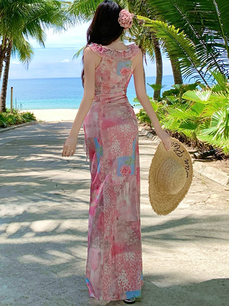 Abito da donna sexy con colletto arricciato floreale rosa Abito estivo Boho elegante di lusso maxi abito 2025 Abito da festa aderente vintage coreano