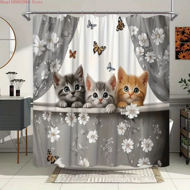 

1pc adorable cats shower curtain polyester fabric watercolor - With Hooks Waterproof Mildew Proof Easy Install Washable