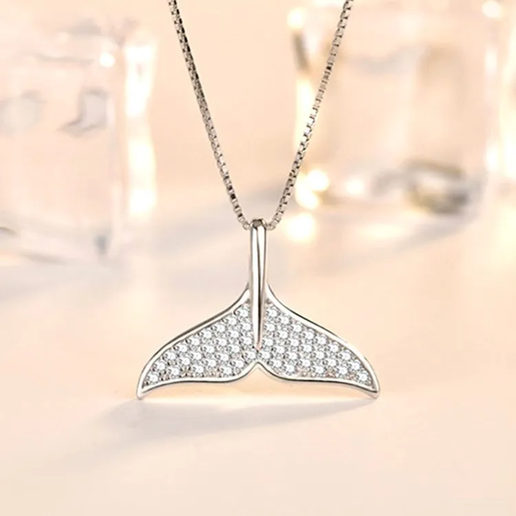 Mermaid Tail Fish White Fishtail Crystal 925 Sterling Silver Clavicle Chain Pendant Necklaces  XL273