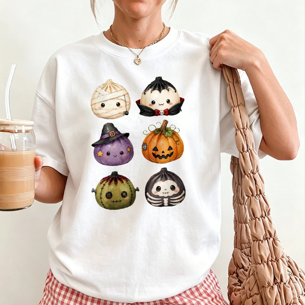 Halloween Cute Bao Dumpling Monster Vampire Witch Pumpkin Mummy Skeleton Graphic T Shirt Kawaii Spooky Character Print Gift Tees