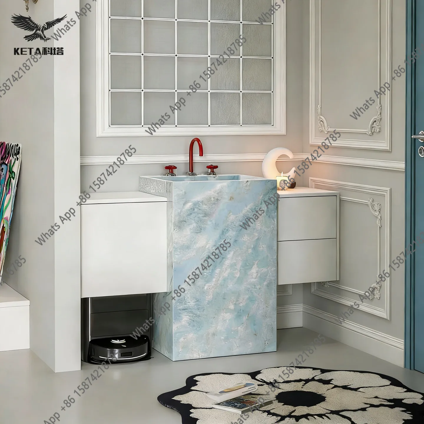 

French light luxury blue crystal rock slab column basin minimalist sink bathroom cabinet hotel villa bathroom