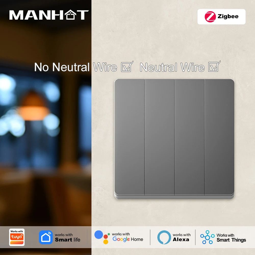 MANHOT Zigbee Smart Wall Light Switch 1-4 Gang Push Button Supports App/Voice/Timing Control, Works with Tuya Alexa Google Home