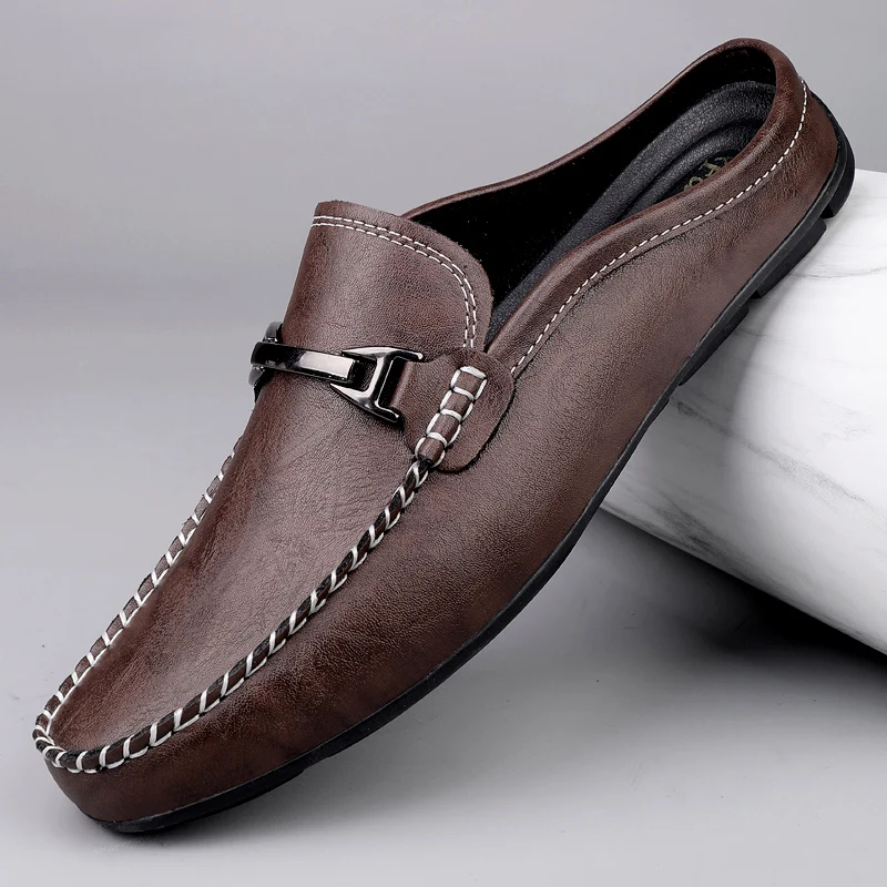 Large Size 38-49 Backless Mules Half Drag Loafer Slippers Open-back Casual Shoes for Man Leather Flats Sneakers Slides Sandals