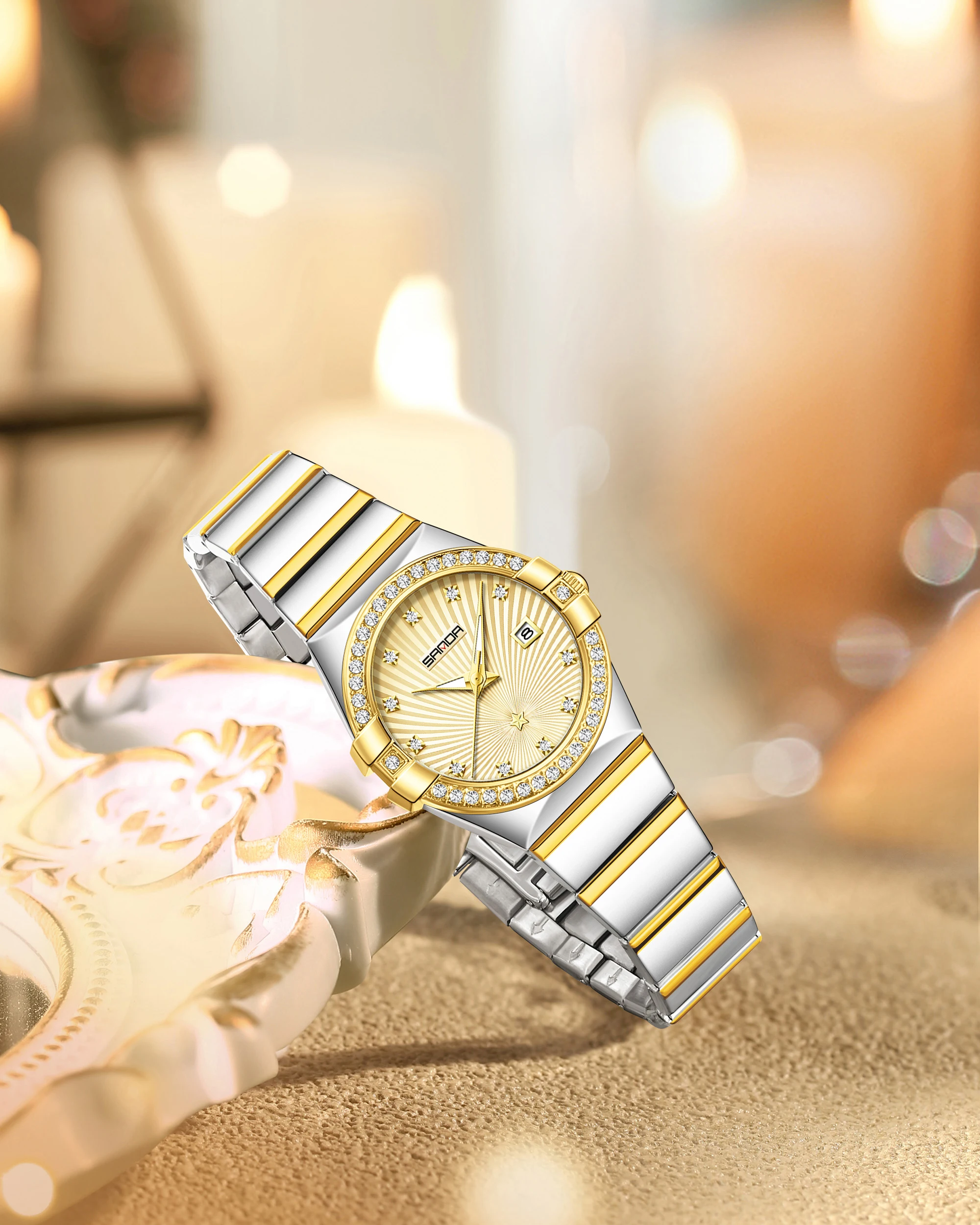 SANDA1147 Luxury Women's Quartz Watch with Mother of Bell Dial and Diamond studded Steel Strip 3ATM Waterproof Fashion Watch