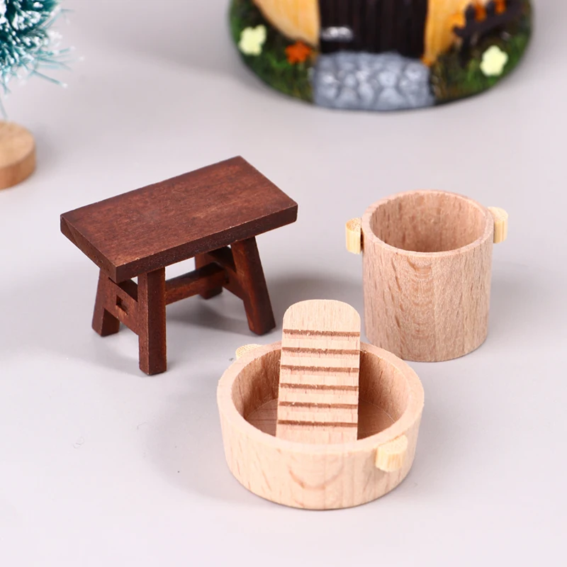 1/12 Dollhouse Miniature Accessories Mini Washtub Washboard Bucket Stool Simulation Furniture Laundry Tub Model Doll House Decor