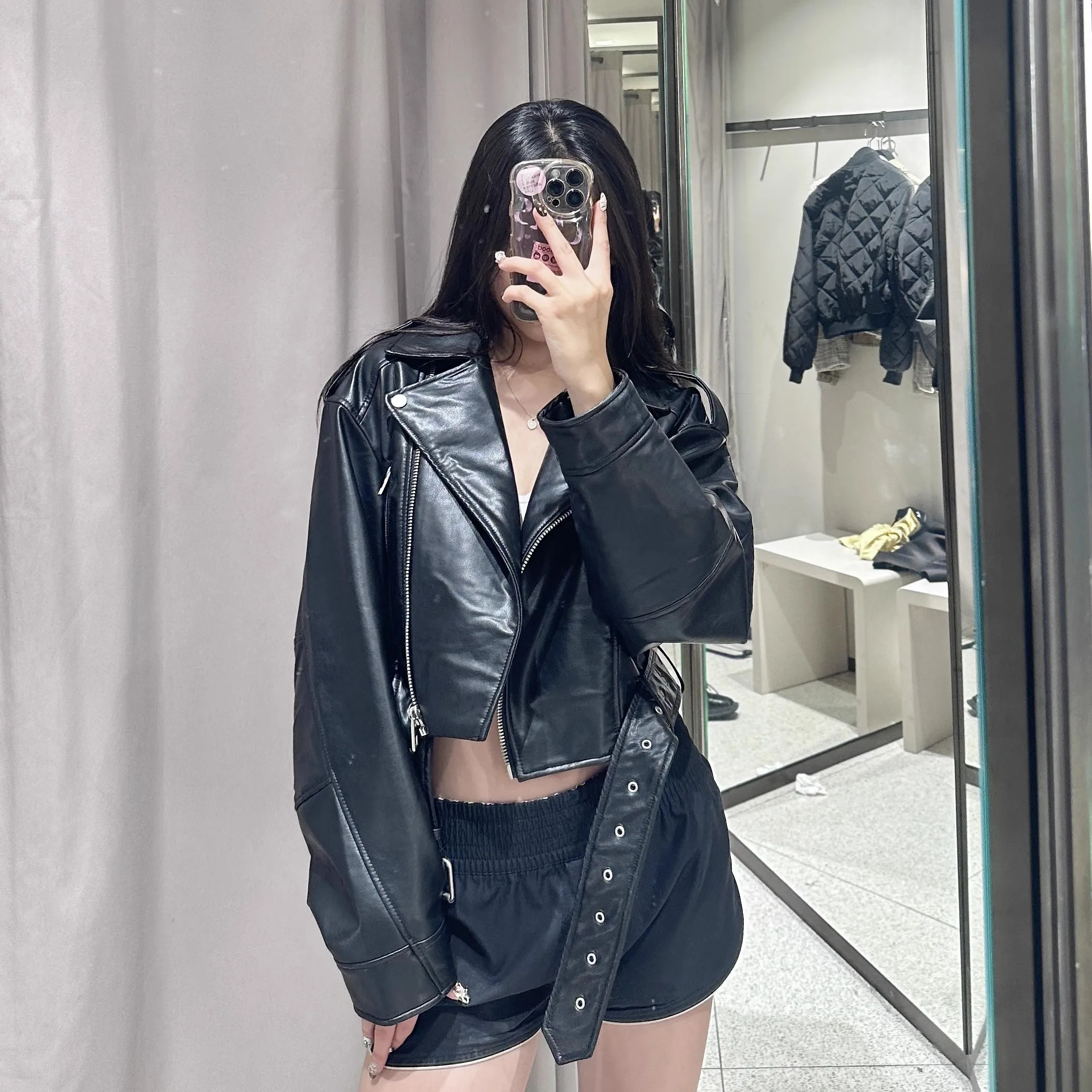 ZVRI 2024 Women Vintage Loose Pu Faux Leather Short Jacket with Belt Streetwear Female Zipper Retro Moto Biker Coat Outwear Tops