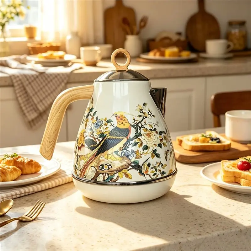 ABBZ-Tea Pot For Home 1.7L Retro Electric Kettle Temperature Control Vintage Flowers And Birds Water Boiler EU Plug
