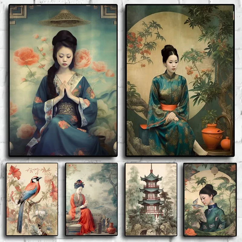 Vintage Chinoiserie Women Portrait Flowers Birds Build Posters and Prints Canvas Printing Wall Art Picture for Living Room Decor