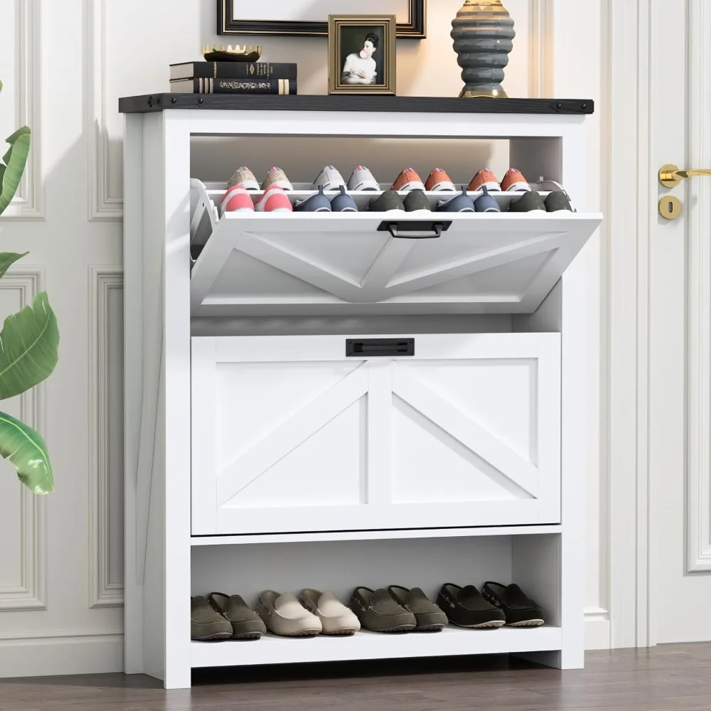 Farmhouse Shoe Cabinet,Free Standing Tipping Bucket Shoe Rack Organizer with 2 Flip Drawers,Entryway Narrow Shoe Storage