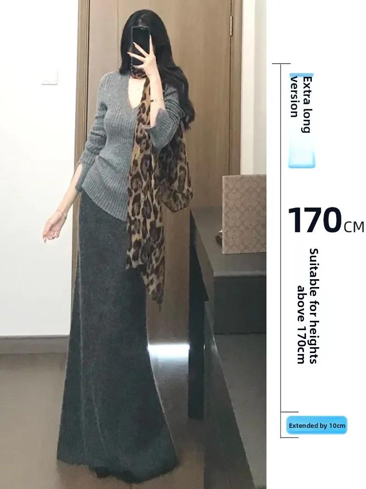 

Вязаная женская юбка с высокой талией, облегающая, длинная, на осень-зиму, в корейском стиле, А-силуэт, для офиса