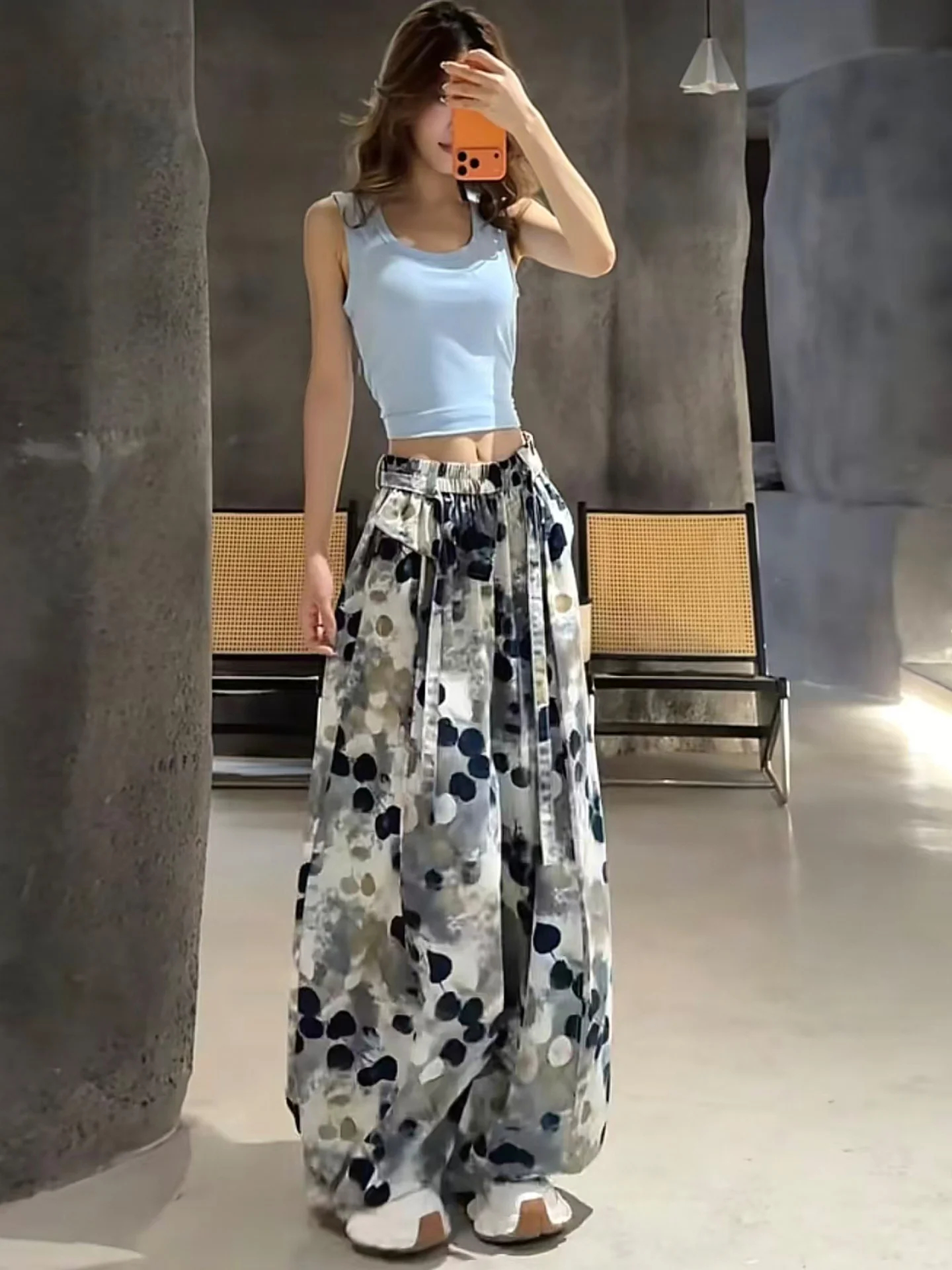 Summer Thin Dopaamine Floral Wide Leg Pants Women's Ice Sensation Fake Two-Piece Draping Slimming Floor-Length Casual Trousers