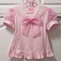 Camiseta de estilo japonés para mujer, camiseta de manga corta con diseño de lazo, cuello azul marino, estilo Preppy, camisetas rosas Kawaii