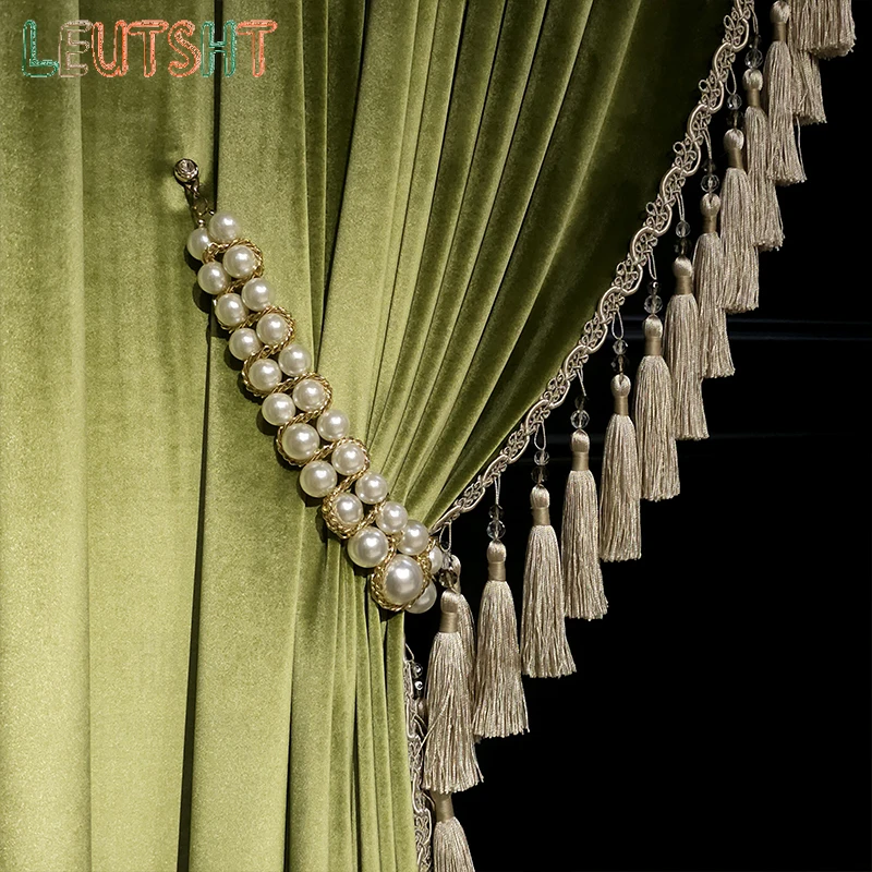 Custom Size French Light Luxury Olive Green Velvet Luxury High-end Curtains High-end European Villa Living Room Door Screen