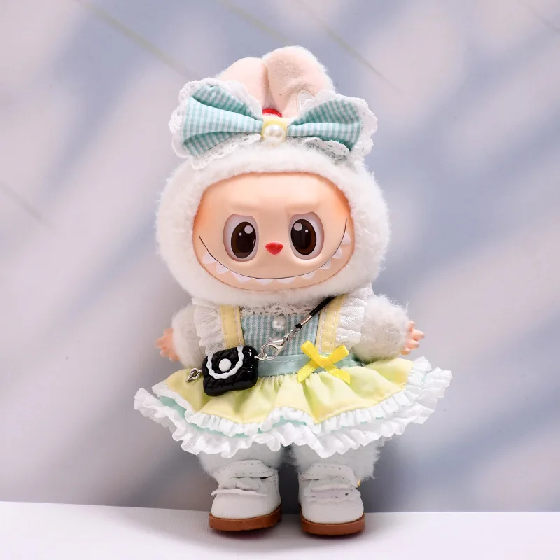 

Sweet Lolita Style Outfit For 15/17cm 1st-3rd Gen LABUBU Bunny Ear Hood Ruffled Dress Mini Bag White Princess Shoes