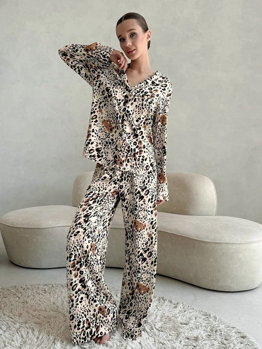 Marthaqiqi Fashion Female Pajamas Suit Long Sleeve Sleepwear Sexy Turn-Down Collar Pyjamas Pants Leopard Print Women Nightie Set