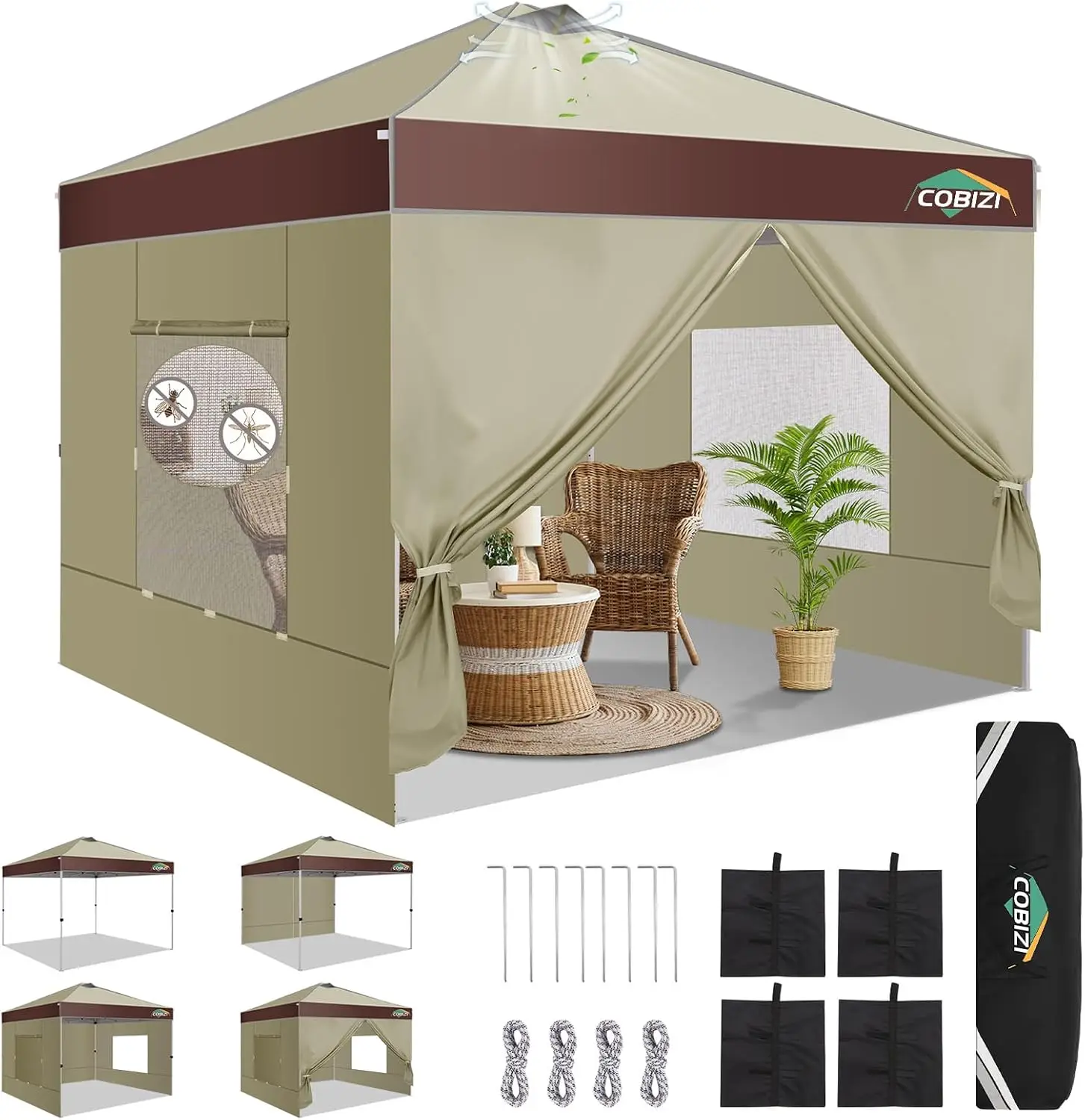 10x10FT Pop Up Canopy Tent with Removable Sidewalls & Carry Bag - Instant Shelter for Camping/Beach/Backyard Events, UV Protection & Waterproof, Commercial Grade Steel Frame with Stakes & Ropes
