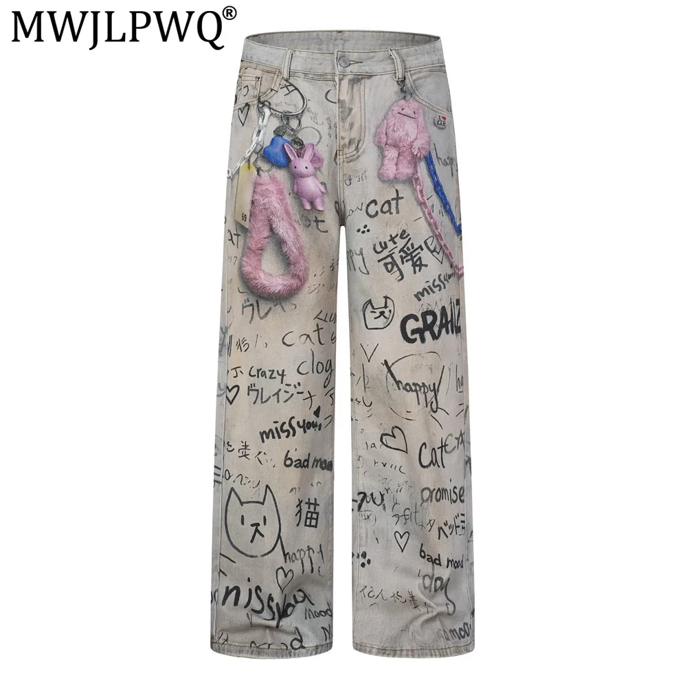 MWJLPWQ Street Style American Chain Digital Printed Jeans For Men Distressed Washed Hand-Painted Graffiti Straight Pants 21499