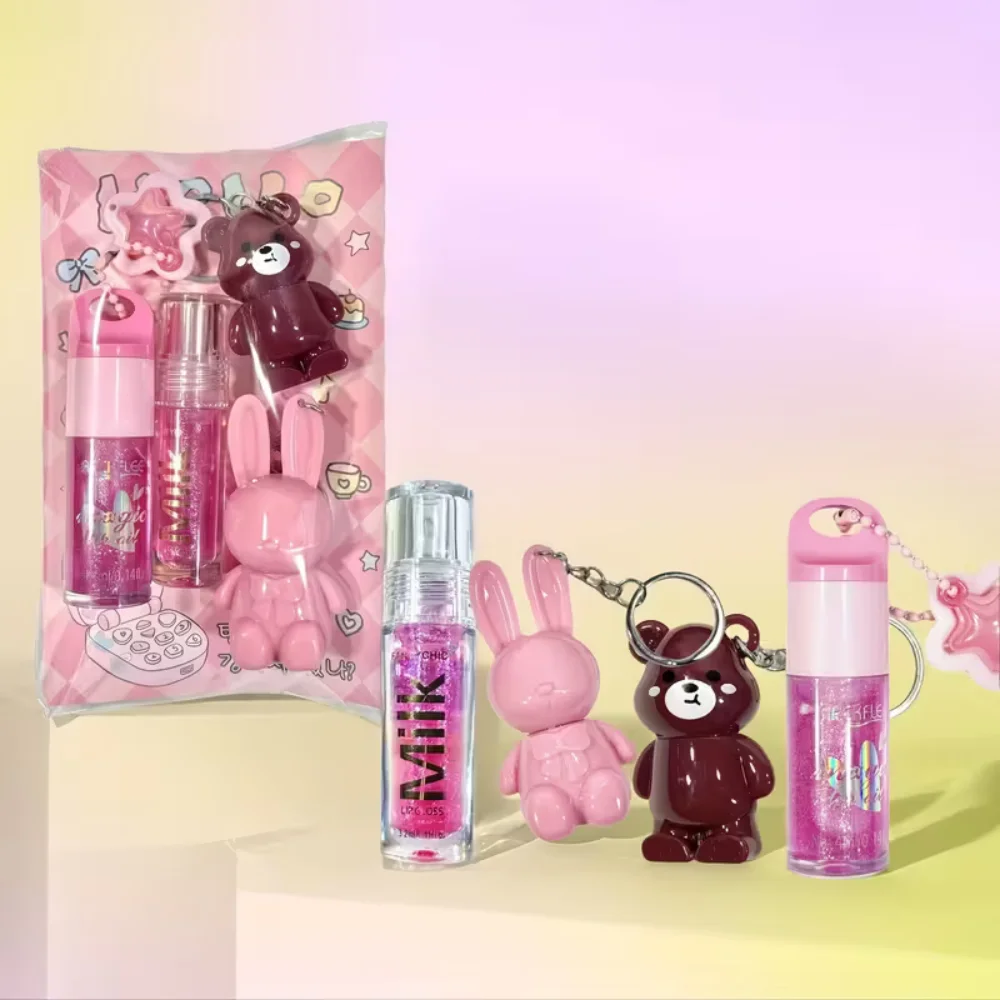 クマのキーホルダー、マットバニーリップスターペンダント、ファイングリッターリップグロス、透明ジェリーシャインリップオイル4個セット、長持ちするリップスティック