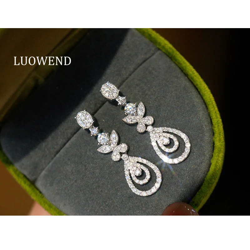 

LUOWEND 100% 18K White Gold Earrings Luxury Design 1.0carat Real Natural Diamond Drop Earrings for Women High Wedding Jewelry