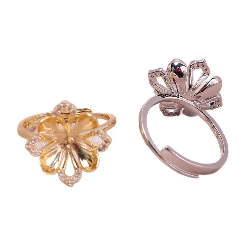 JZ195  Copper Gold Plated Flowers Zircon Adjustable Pearl Ring Blank Empty Settings DIY Jewelry Findings