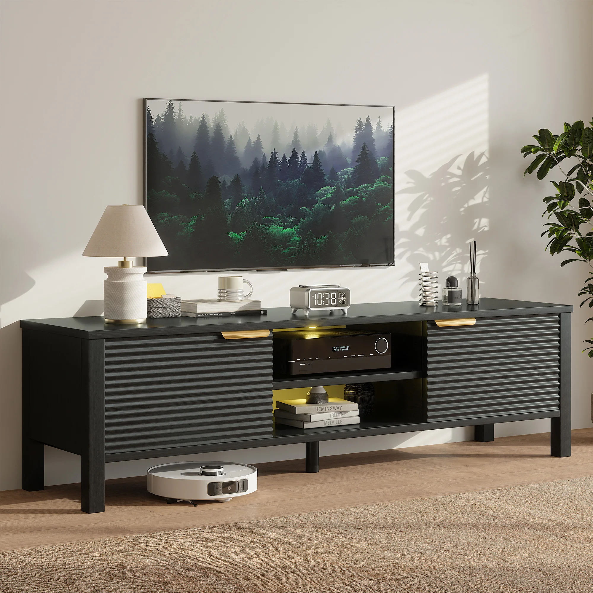TV Stand With Storage Cabinet Sliding Doors Two Led Light Bulbs And A Remote Control TV Entertainment Center Stand Space Saving