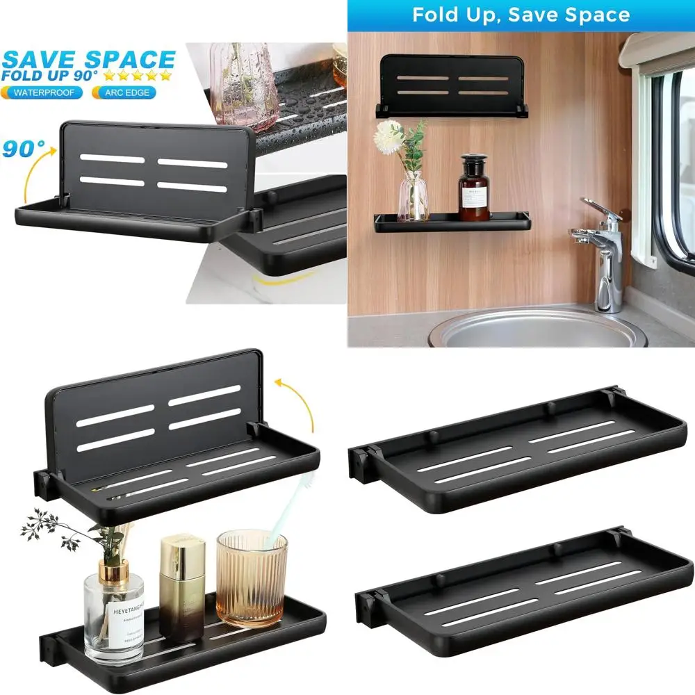 

Компактная водонепроницаемая настенная полка — складная для ванной комнаты, автофургона, стирки и туалета, компактный алюминий, 2 шт., черный
