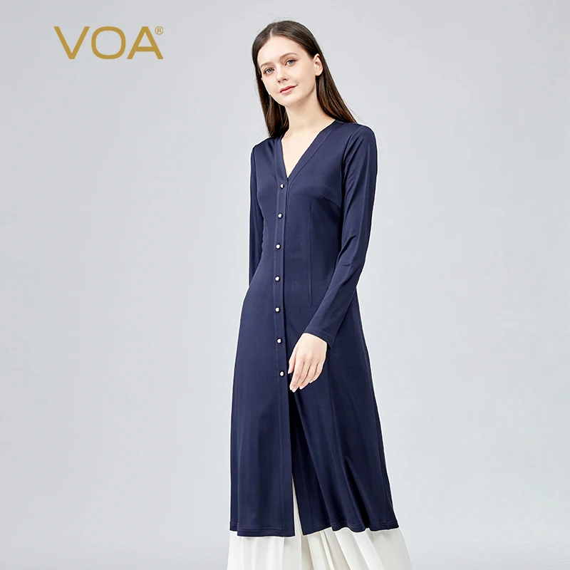 

Silk 33m/m High Strecth Knitting Navy Casual V-Neck Spring Woman Dress Autumn Office Ladies Simple Shirt Dresses BE926