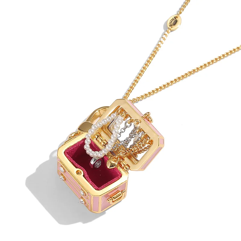 Luck Bracelet Hand String Exquisite High Quality Enamel Open Pink Jewelry Box Pendant Design Necklace With Diamond Emerald Pearl
