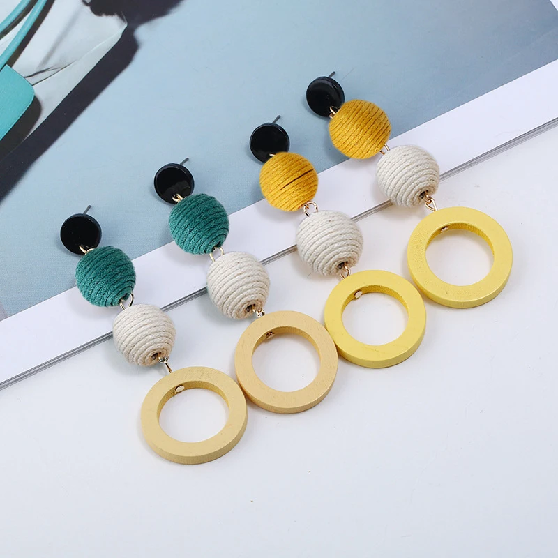 New Bohemian Three Layers Rope Round Pendants Long Hanging Earrings for Women Hollow Circle Drop Handmand Irregular Earrings