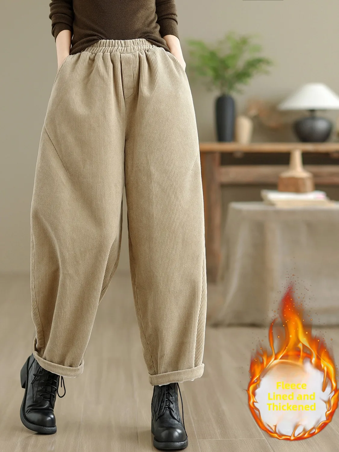 Pantalones de pierna ancha de pana con forro de Fce de cintura alta, pantalones informales sueltos de talla grande con cintura elástica para mujer, novedad de Otoño Invierno