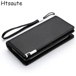 Multi-function Solid Color Wallet Men Multi-Card Holders Phone Pocket Business Clutch Coin Purse Vintage Zipper Money Bag
