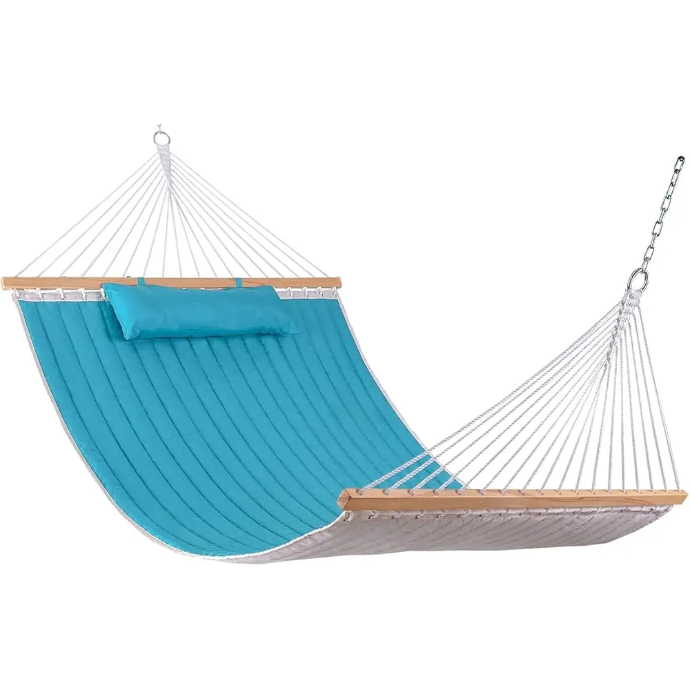 

12Ft Quilted Fabric Double Hammo With Pillow, 2 Person Hammo With Spreader Bar For Outdoor Outside Patio Garden Yard Pool Beach