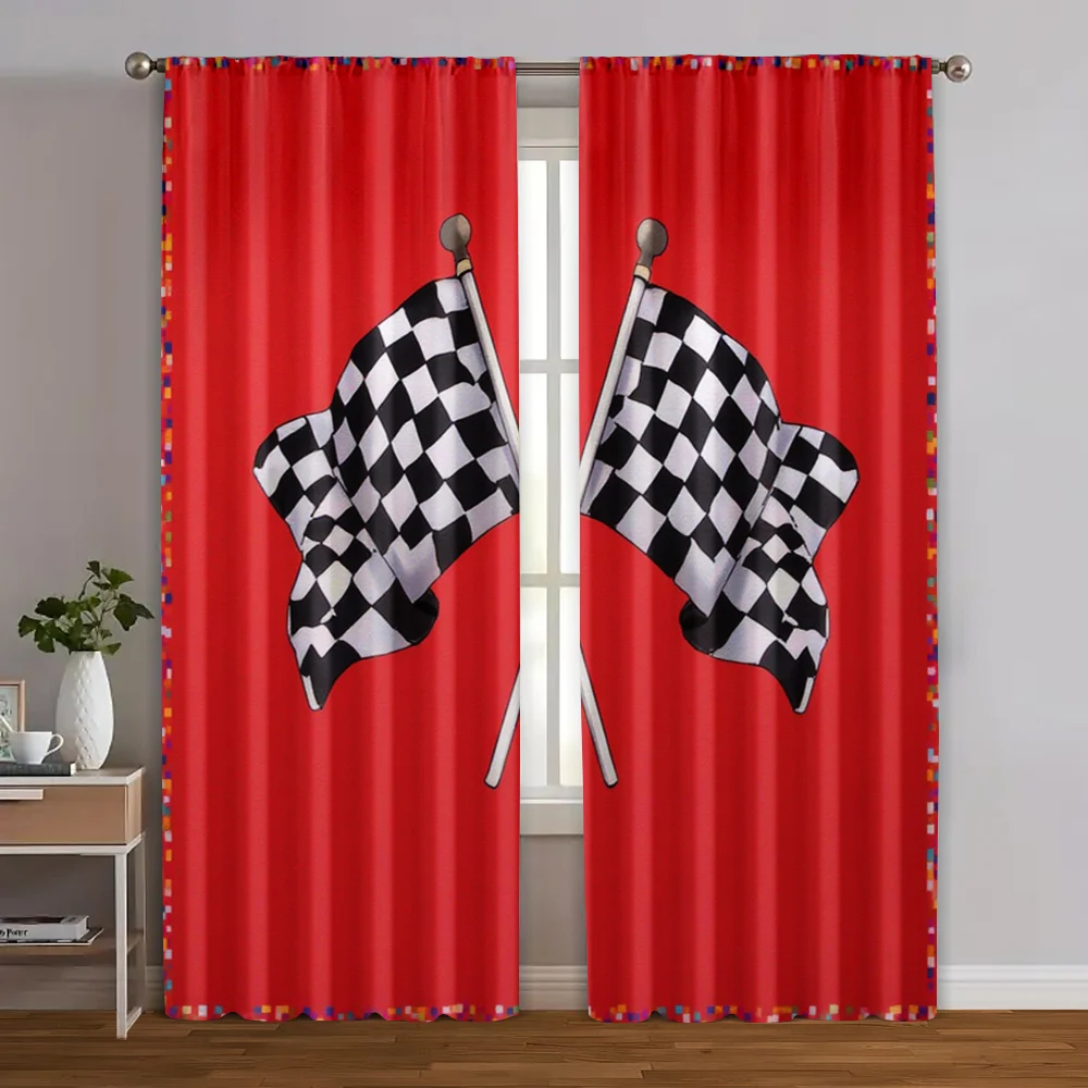 

2pcs, Curtains Roller Blinds Race Flag Checkered Versatile Polyester (without rod) Decorations For Home Ldeal for Living Room,
