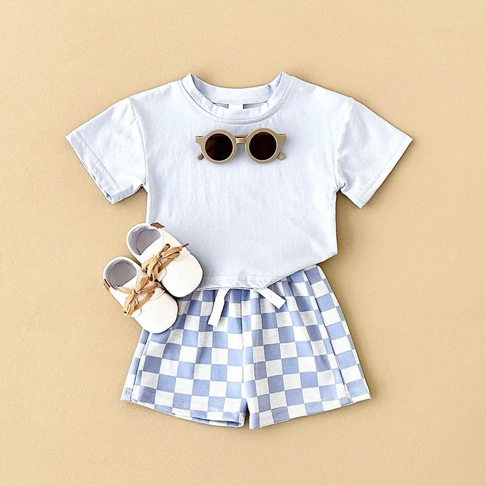 2024 New Summer Baby Boys Clothing Set Solid Color T-shirt+Checkerboard Shorts Cotton Infant Girls Children Clothing Suit 0-3Y