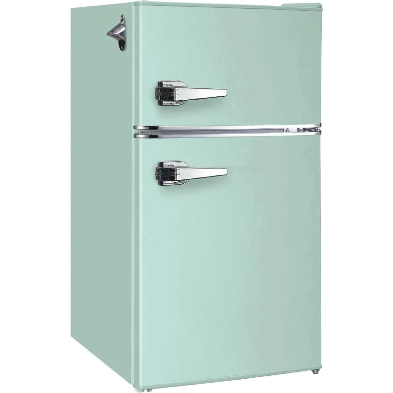 Retro Mini Fridge with Freezer and Side Bottle Opener Small Double Door Fridge for Office Bar or College Dorm Mint Color