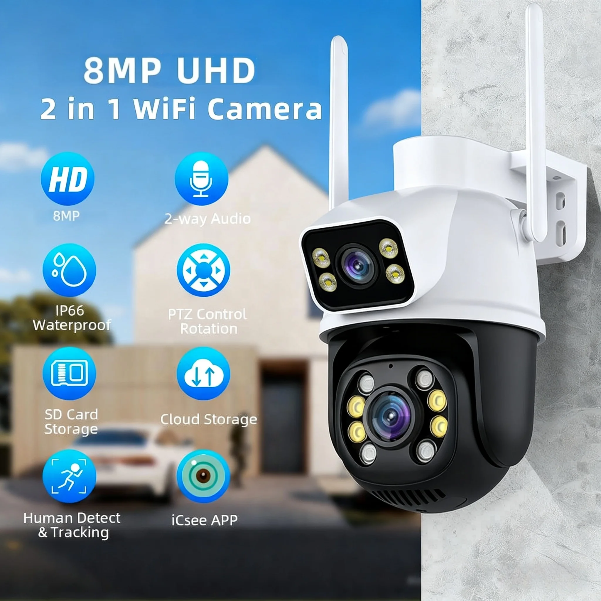 4K 8MP شاشة مزدوجة العدسة IP خارجي كاميرا مقاومة للماء الذكية واي فاي مراقبة الأمن خارج للرؤية الليلية كاميرا ICSee