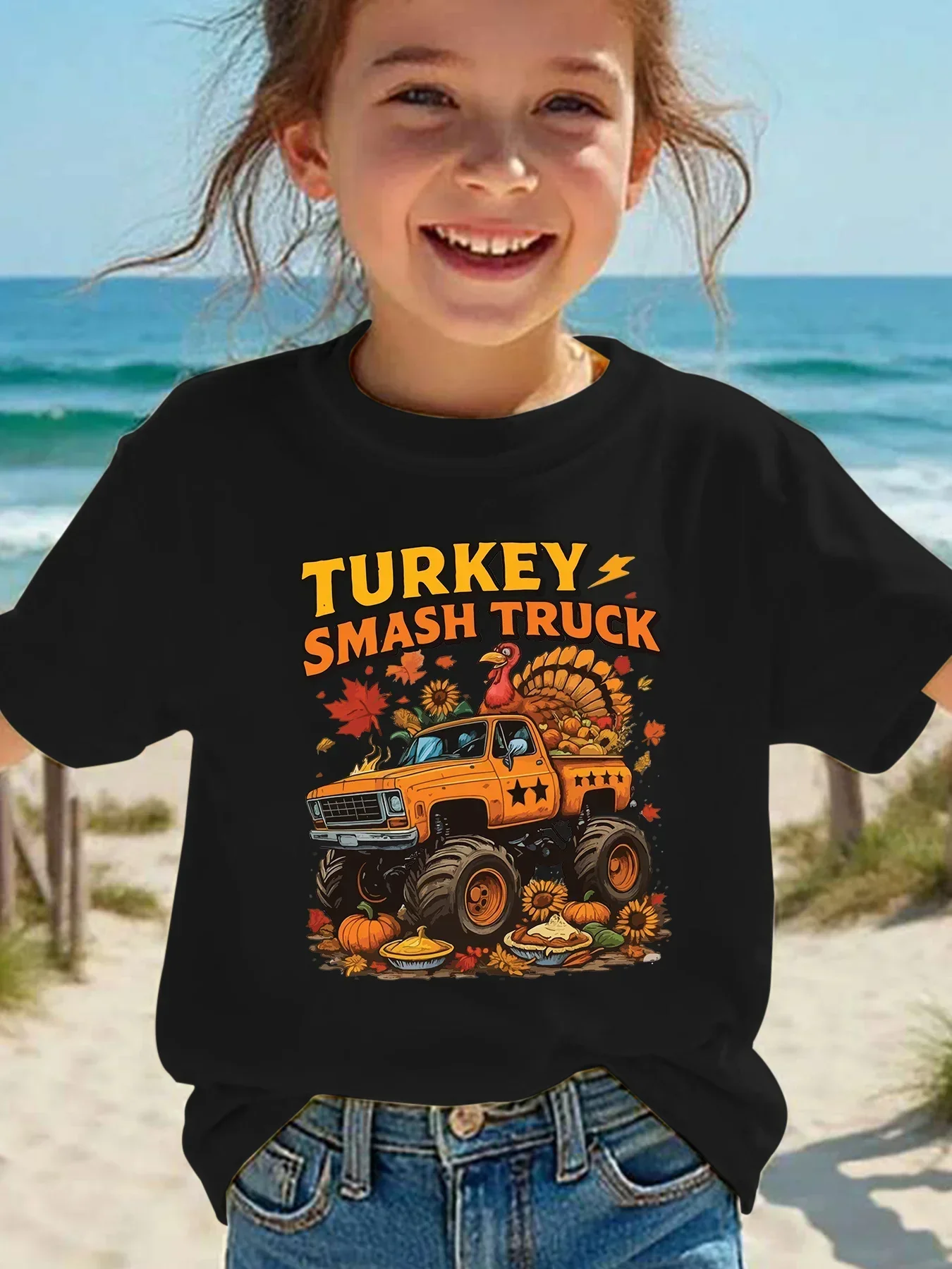 Kids Thanksgiving Short Sleeve T Shirt Turkey Smash Truck Graphic Crew Neck Loose Casual Summer Top for Boy Girls Holiday Outfit
