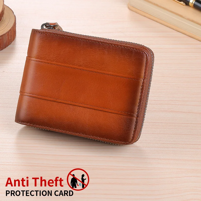 

Wallet men's short leather 2024 new pure cowhide zipper popular driver's license card bag style leather clip wallet