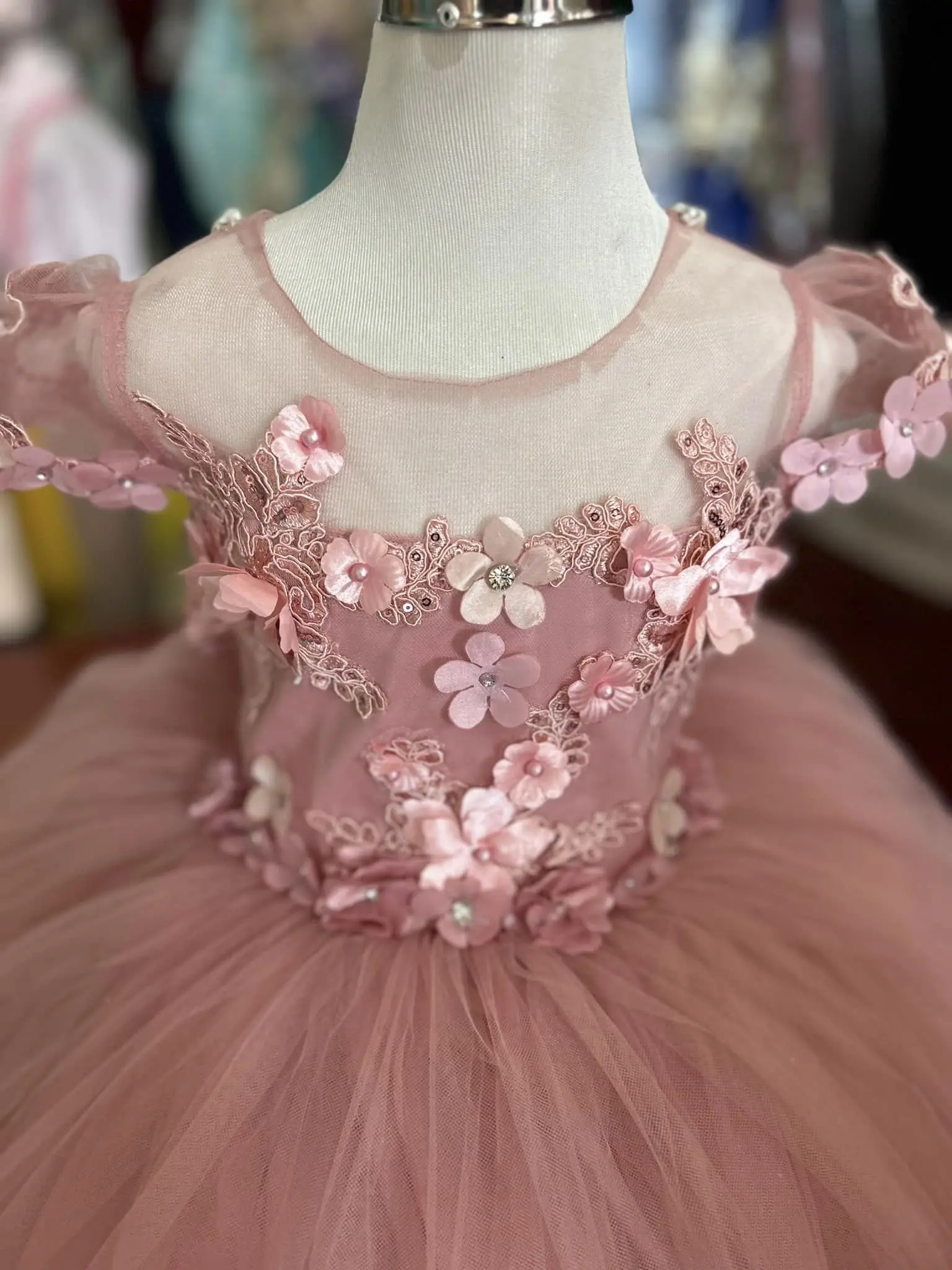 Vestido de niña de flores rosa con apliques 3d para boda, tul hinchado hasta el suelo, vestido de fiesta de cumpleaños, desfile, vestidos de graduación para bebés pequeños