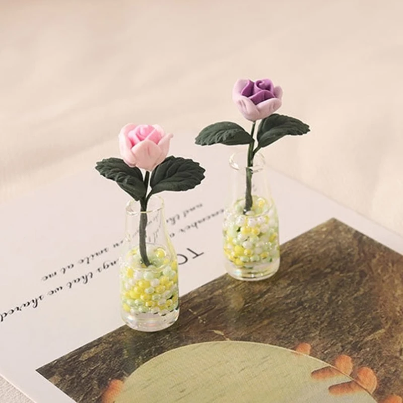 Florero de rosas en miniatura para casa de muñecas, Mini maceta de flores, arreglo de flores, casa de muñecas en maceta, jardín, juguetes de decoración del hogar, 1:12