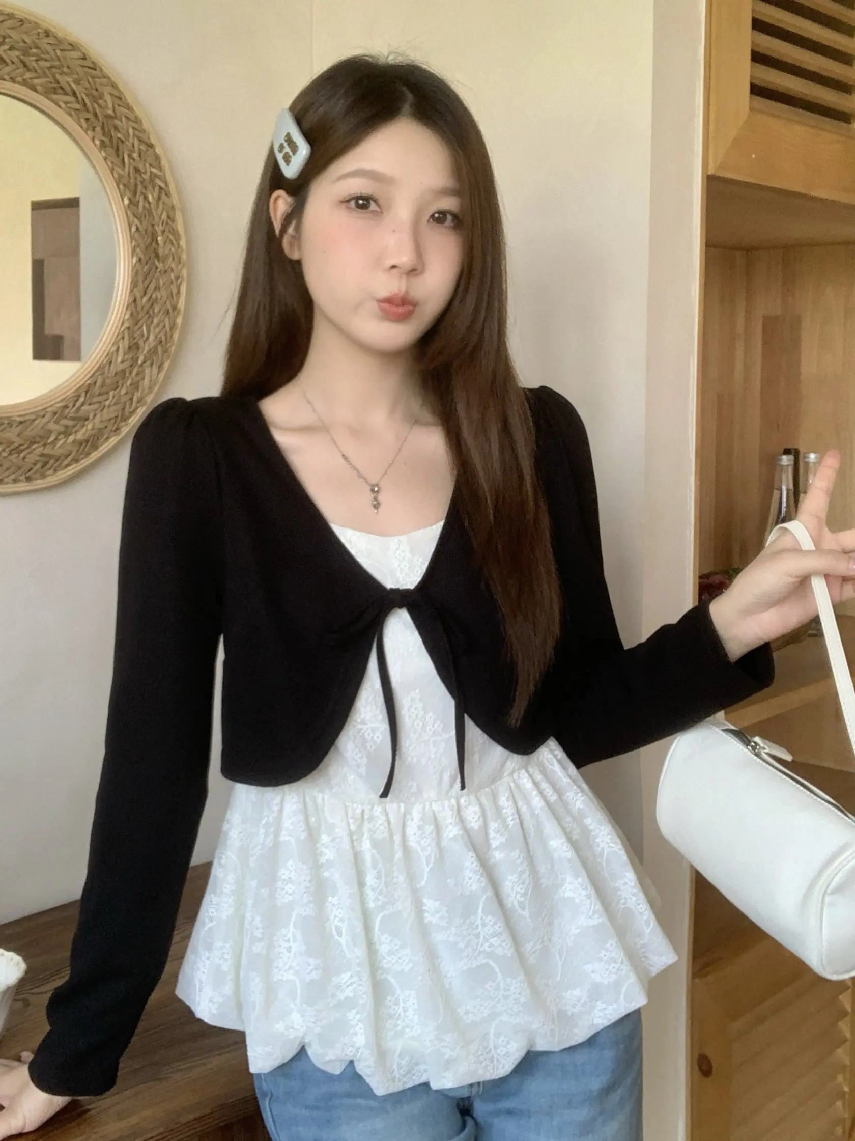 

Элегантный топ с длинным рукавом и кружевными вставками больших размеров во французском стиле, свободного кроя, с завышенной талией, весенняя мода, женская базовая одежда