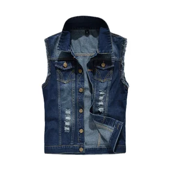 Men Denim Vests Jackets Waistcoats Light Blue Ripped Denim Coats Vests New Fashion Male Cotton Slim Black Jeans Waistcoats 6XL 2