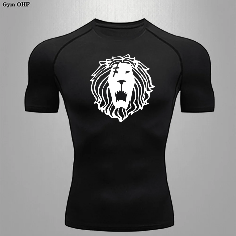 Short Sleeved Lion Anime Printed T-shirt For Men Fitness Jujitsu Workout Compression Rashguard Quick Drying High Elasticity GYM